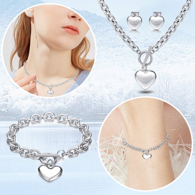 LOYALLOOK 3Sets Heart Pendant Necklace Toggle Chain Heart Bracelet Heart Stud Earrings for Women Stainless Steel Charm Love Heart Jewelry Set for Halloween - Image 5